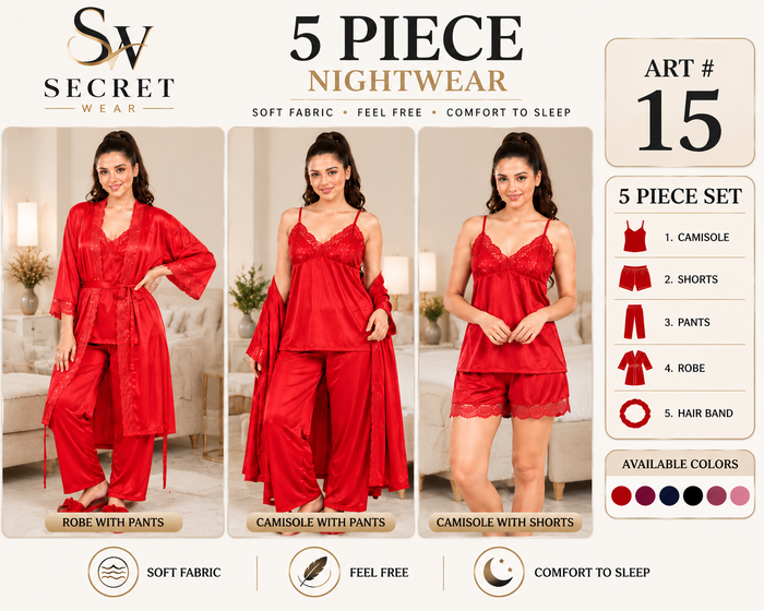 Women’s 5 Piece Nightwear Set With Robe, Camisole & Pants