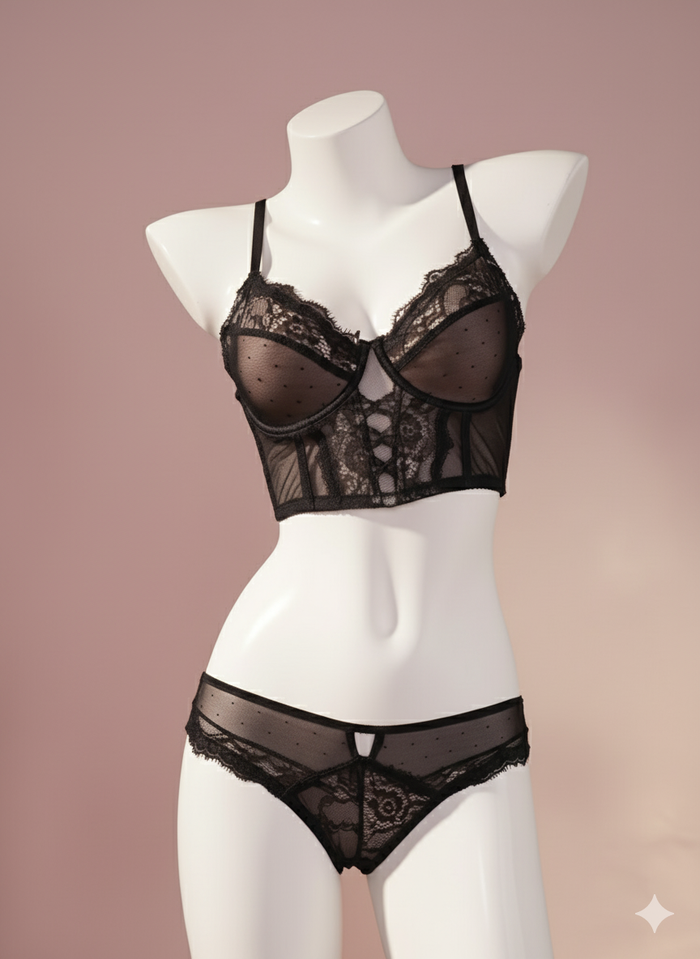 Black Lace Corset Lingerie Set – Wired, Floral Lace