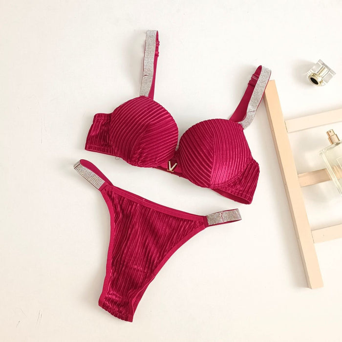 Velvet Shine Bra & Panty Set – Luxury Rhinestone Strap Lingerie