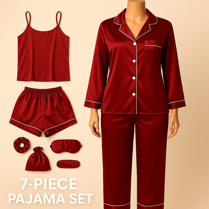 Flourish 7-Piece Silk Satin Pajama Set