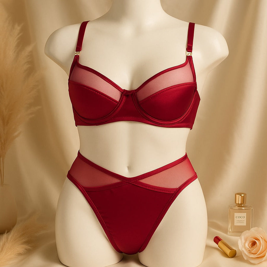 High Quality Thin Cup Soft Underwired Light Padded Metal Ring Straps Bra Panty Set 055