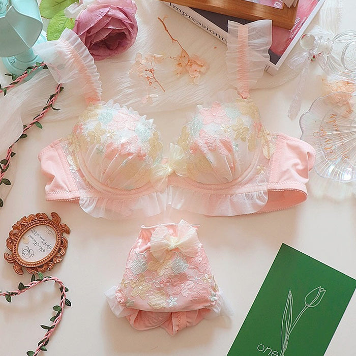 Pink Floral Embroidered Lingerie Set