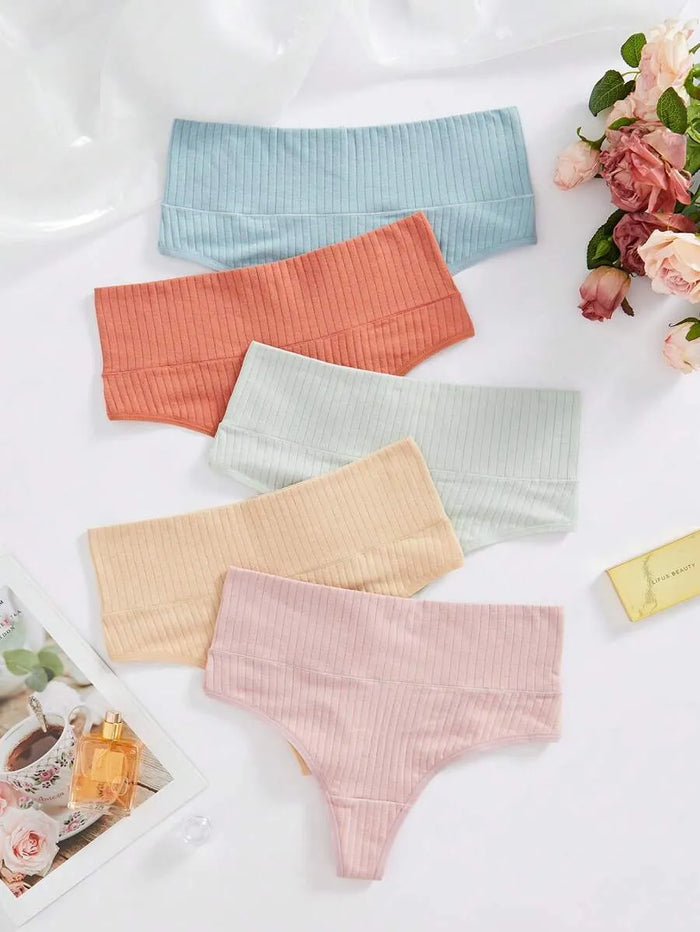Pack of 5 Ribbed High Waist Thong Panties – Stretchy & Seamless